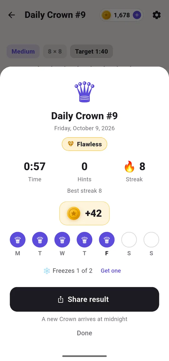 A solved Daily Crown with time, hints and streak