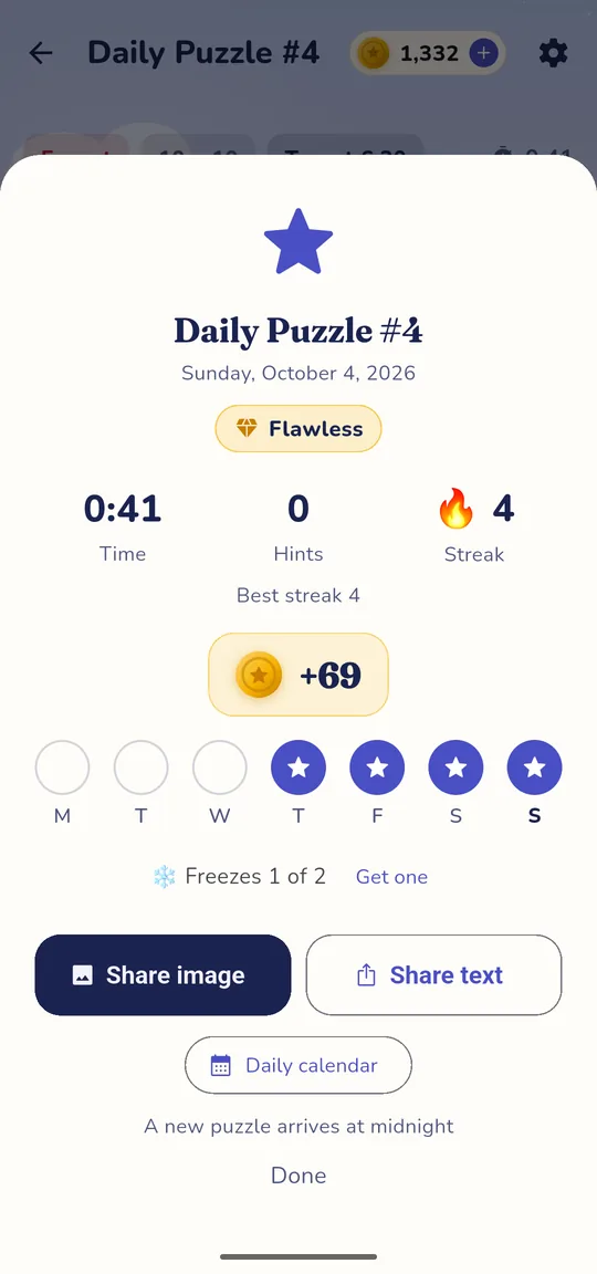 A solved Daily Puzzle with time, hints and streak